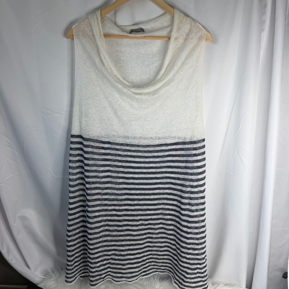 Crea Concept Linen Blend Striped Cowl Neck Sleeveless Tunic Sweater Navy 44